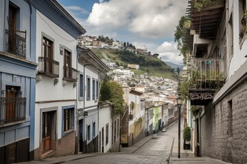 View of historic streets in Quito's old town, Ecuador. Generative AI