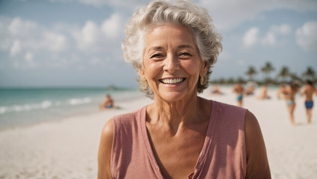 Bella signora pensionata sorridente su una spiaggia di un mare tropicale