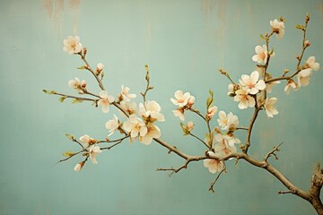 Vintage blooming almond branch on a spring day. Generative AI - obrazy, fototapety, plakaty