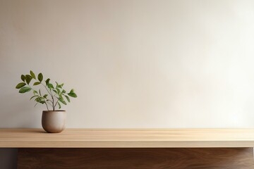 Empty space on wooden desk with plant in contemporary minimalist lounge. Generative AI