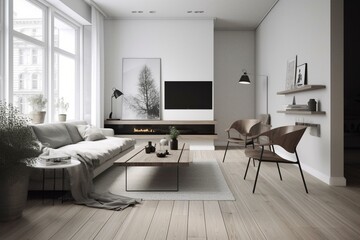 Minimalist living room design with a modern Scandinavian interior. Generative AI