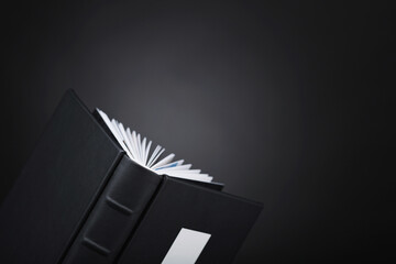 A beautiful leather bound books against a black background. Wedding photo book, family album. Stylish books on dark black background. The texture of the cover of a photobook made of genuine leather.