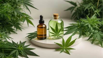 Obraz na płótnie Canvas mockup of unlabeled products, medical cannabis oil, different bottles with dropper, white background with marijuana plants, space for text