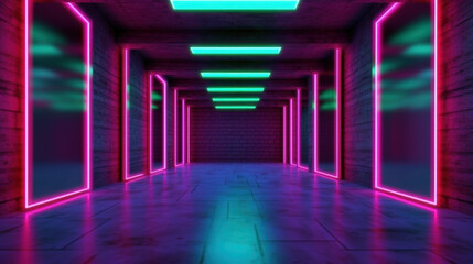  Futuristic corridor with neon lights.