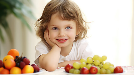 Fototapeta na wymiar Сute little child girl sit at kitchen table with fresh fruit. Useful natural breakfast for children, benefits of fruits and vegetables. 