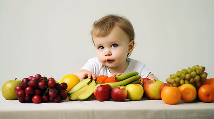 Fototapeta na wymiar Сute little child boy sit at kitchen table with fresh fruit. Useful natural breakfast for children, benefits of fruits and vegetables. 