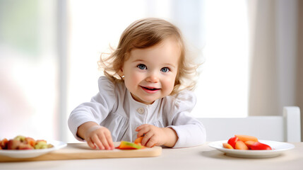 Сute little child girl sit at kitchen table with fresh fruit. Useful natural breakfast for children, benefits of fruits and vegetables. 