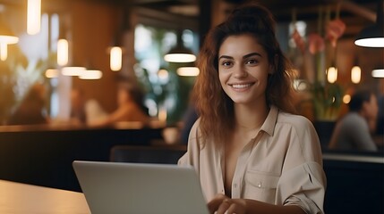 Young Woman Working on Laptop in Café - Freelancer or Female Student Smiling at Camera