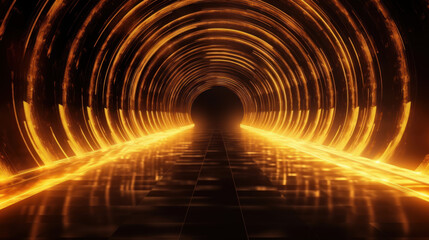 Abstract background with golden neon lights. Neon tunnel.