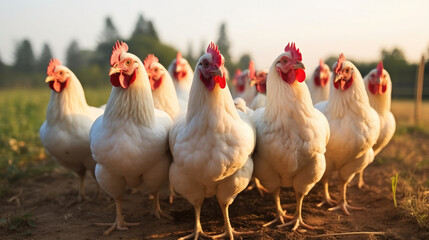 Fototapeta premium Group of chickens standing in field.