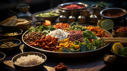 Fototapeta premium Traditional Indian cuisine, use of spices, milk, dairy products, but also meat and vegetables