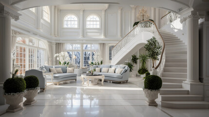 White resort villa. Luxurious dream home. Showcase interior mansion of millionaire.  - obrazy, fototapety, plakaty