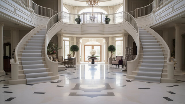 White resort villa. Luxurious dream home. Showcase interior mansion of millionaire. 