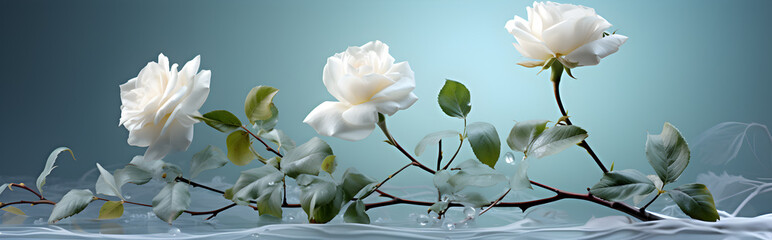 close up of white roses and green leaves on dark background