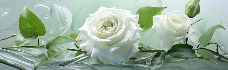close up of white roses and green leaves on dark background