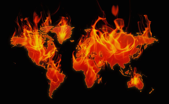 Burning continents, world map on fire, conceptual image of world problems, global warming, war, insecurity - Fenomeno del niño Continentes ardiendo, mapa mundial incendiado, calentamiento global