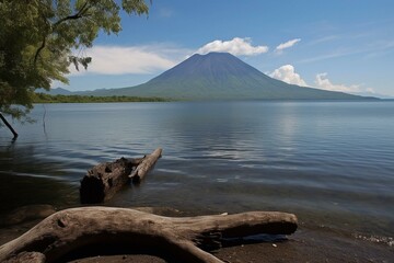 Naklejka premium Volcano view from Laguna Olomega, San Miguel, El Salvador. Generative AI