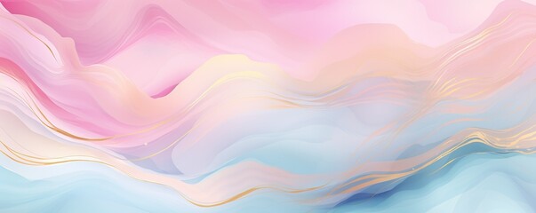 Abstract watercolor paint background illustration web design - Soft blue pink pastel color waves and gold lines, with liquid fluid marbled paper texture banner texture | Generative AI - obrazy, fototapety, plakaty