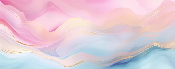 Fototapeten Abstract watercolor paint background illustration web design - Soft blue pink pastel color waves and gold lines, with liquid fluid marbled paper texture banner texture   Generative AI © Kay