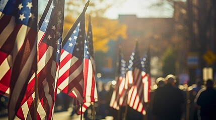 In mid-morning sunlight, a Veterans Day parade with American flags, and uniformed military veterans showcases patriotic spirit and unity, highlighting their determination. - obrazy, fototapety, plakaty