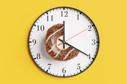 Part of an eaten sprinkled chocolate doughnut on a wall clock on yellow background. Illustration of the concept of mealtimes, length of rest breaks at work and meal cooking time