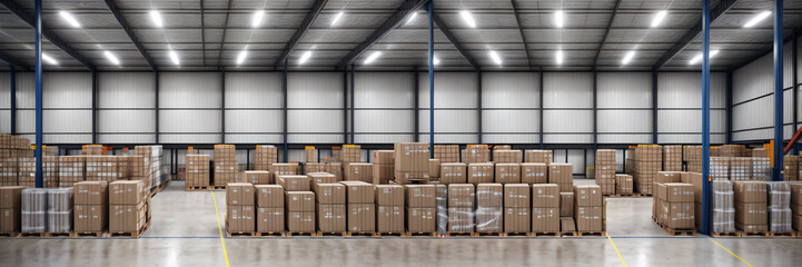 Banner a retail warehouse filled with rows of shelves stocked with merchandise in cartons, accompanied by pallets and forklifts. A blurred background of logistics and transportation. This is a product - obrazy, fototapety, plakaty