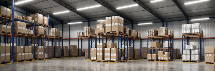 Banner a retail warehouse filled with rows of shelves stocked with merchandise in cartons, accompanied by pallets and forklifts. A blurred background of logistics and transportation. This is a product