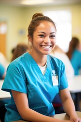 Fototapeta premium A cheerful nursing student in a vibrant classroom. Generative AI