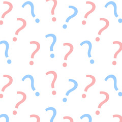 Gender reveal party background. Vector seamless pattern with question marks in pink and blue colors