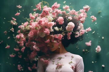 portrait d'une jeune femme au visage caché par des fleurs roses.