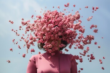 portrait d'une femme à la tête de fleurs roses