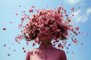 portrait d'une jeune femme au visage caché par des fleurs roses