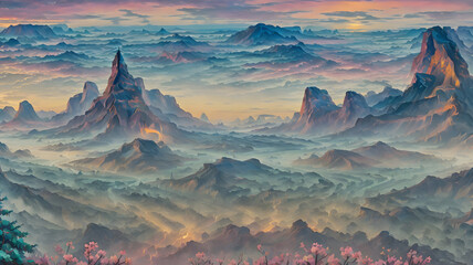 Paint a watercolor landscape on top of a mountain. Generative ai.