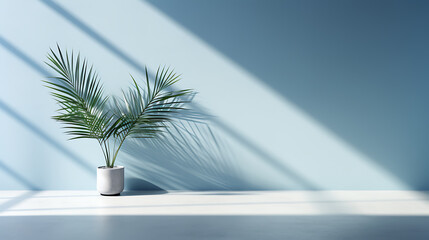 A light blue wall in an empty room with a palm leaf plant in it and sunlight coming in from a window. - kitchen still life and minimalistic. - romantic scenery - Powered by Adobe