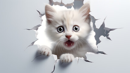 A cute cat that has torn a hole in a white smooth fabric, put his paw on the edge, climbs out, on a...