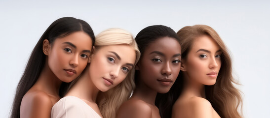 Obraz premium Multiracial models standing isolated on white background, Attractive young women with different skin color, Elegant, Multi ethnic beauty Concept.