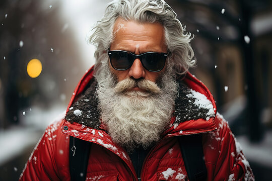 Generative AI illustration of brutal Santa Claus in warm red jacket and sunglasses looking at camera on blurred winter street
