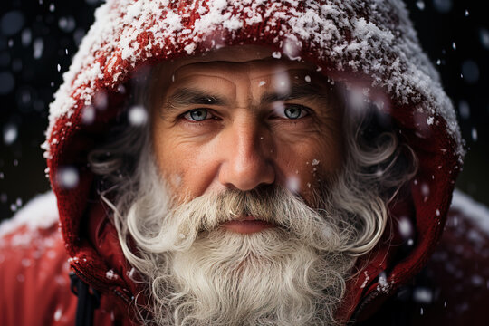 Generative AI illustration of serious Santa Claus with blue eyes in warm red jacket looking at camera on blurred snowy dark background