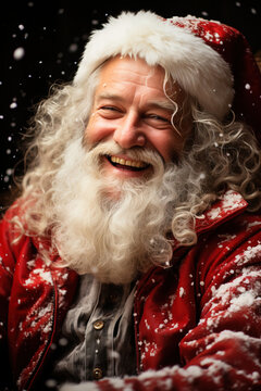 Generative AI illustration of cheerful Santa Claus in warm red jacket looking at camera while laughing con blurred snowy dark background