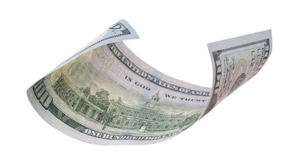 One Hundred Dollar Bill Falling or Floating on Empty Background - Transparent PNG.