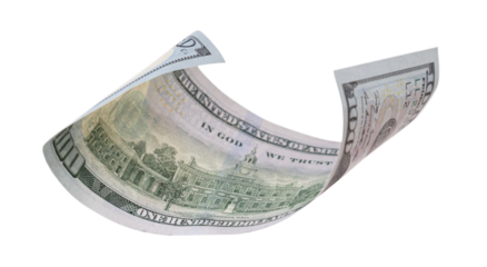 One Hundred Dollar Bill Falling or Floating on Empty Background - Transparent PNG.