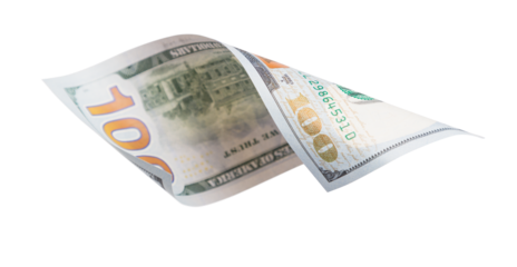 One Hundred Dollar Bill Falling or Floating on Empty Background - Transparent PNG.