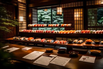 Sushi, Menu, Restaurant image A tranquil sushi restaurant nestled in a serene garden, offering an escape from the hustle and bustle of the city.