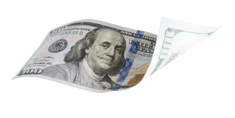 One Hundred Dollar Bill Falling or Floating on Empty Background - Transparent PNG.
