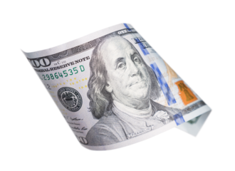 One Hundred Dollar Bill Falling or Floating on Empty Background - Transparent PNG.