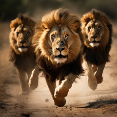 Front shot of three fearsome adult lions running towards