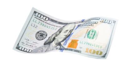 One Hundred Dollar Bill Falling or Floating on Empty Background - Transparent PNG.