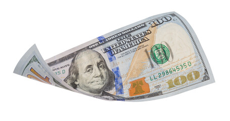 One Hundred Dollar Bill Falling or Floating on Empty Background - Transparent PNG.