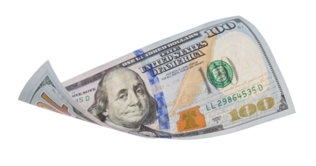 One Hundred Dollar Bill Falling or Floating on Empty Background - Transparent PNG.