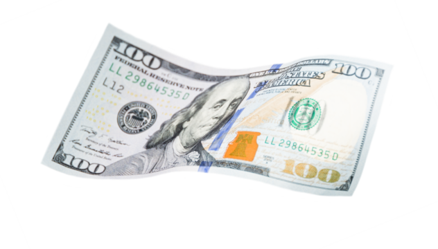 One Hundred Dollar Bill Falling or Floating on Empty Background - Transparent PNG.